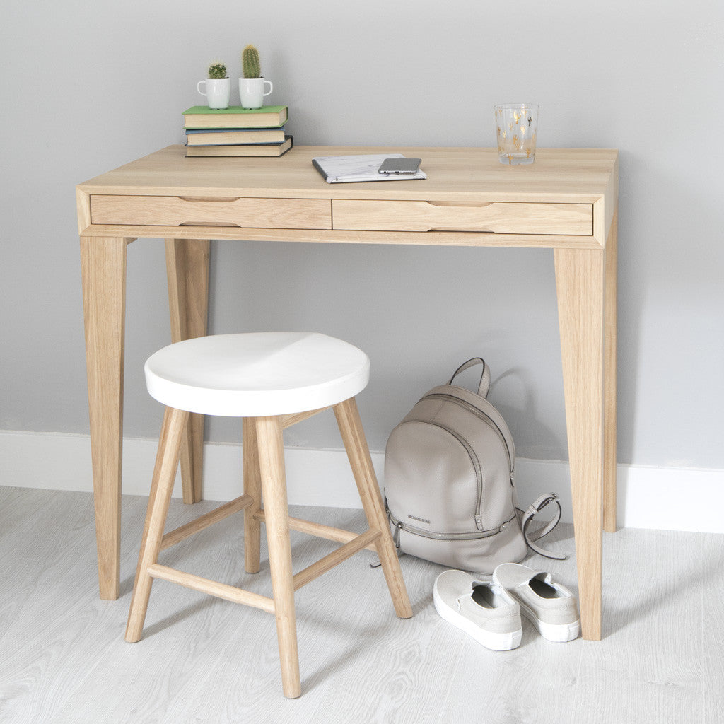oak desk with white stool