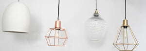 Concrete pendant light, copper cage pendant, glass pendant, gold cage pendant light