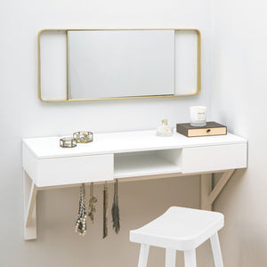 white floating dressing table with gold mirror