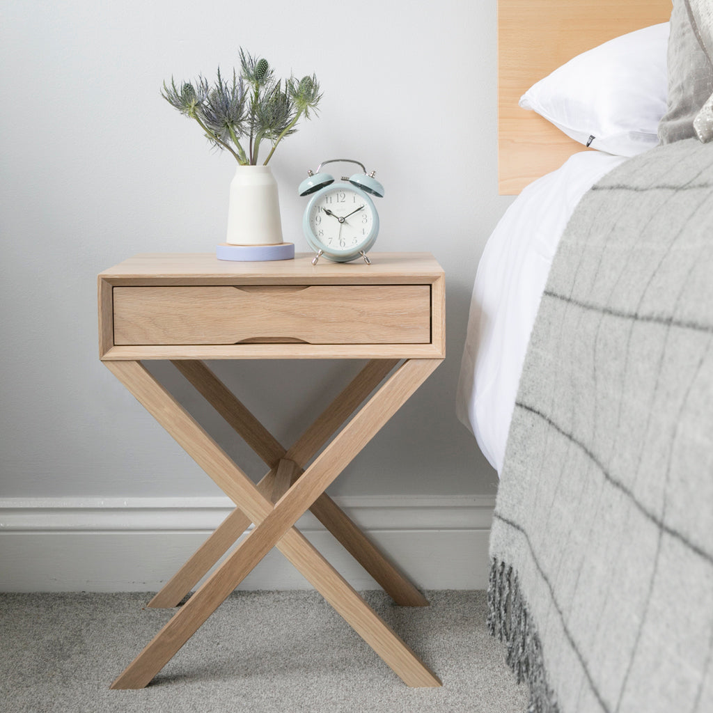 Oak Bedside Table With Crossover Leg